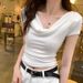 Ins Design Sense Threaded Swingneck Sexy Hottie Shoulder Short T-shirt Women Slim Slim Slim Short-sleeved Top_ecoleips.com