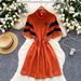 Women's Clothing College Style Striped Short Sleeved Dress Summer With Lapel And Drawstring Waist, Slim Temperament And Petite Mid Length Skirt_ecoleips.com