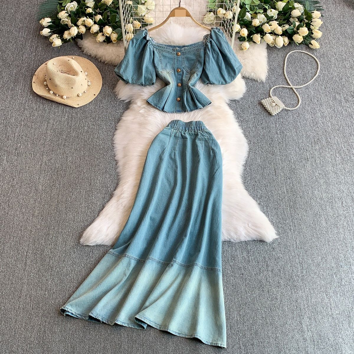 Women's Clothing Elegant Two-Piece Denim Set - Square Neckline With Puff Sleeves & High-Waisted Ombre Skirt (Light Blue, S/M/L/XL)_ecoleips.com