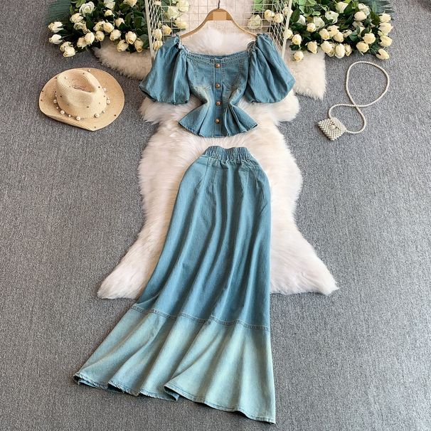 Women's Clothing Elegant Two-Piece Denim Set - Square Neckline With Puff Sleeves & High-Waisted Ombre Skirt (Light Blue, S/M/L/XL)_ecoleips.com