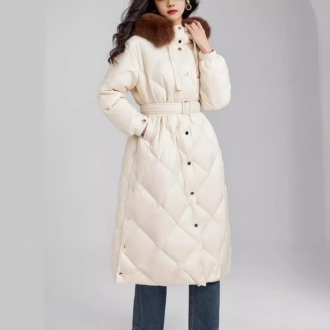Women's Long Hooded Down Jacket With Fox Fur Trim, Thickened Warm Winter Coat, Windproof Slim Fit Parka, 90% White Duck Down Filling_ecoleips.com