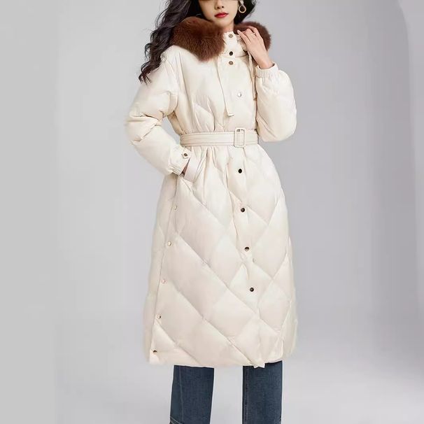 Women's Long Hooded Down Jacket With Fox Fur Trim, Thickened Warm Winter Coat, Windproof Slim Fit Parka, 90% White Duck Down Filling_ecoleips.com