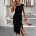 Elegant High-Slit Bodycon Midi Dress – Sleeveless A-Line Silhouette For Work & Evening (Round Neck, Zipper Detail, Polyester Stretch)_ecoleips.com