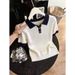 Women's Korean Style Ice Silk Knit T-Shirt Summer Thin Petite Cable Knit Short-Sleeved Collared Top_ecoleips.com
