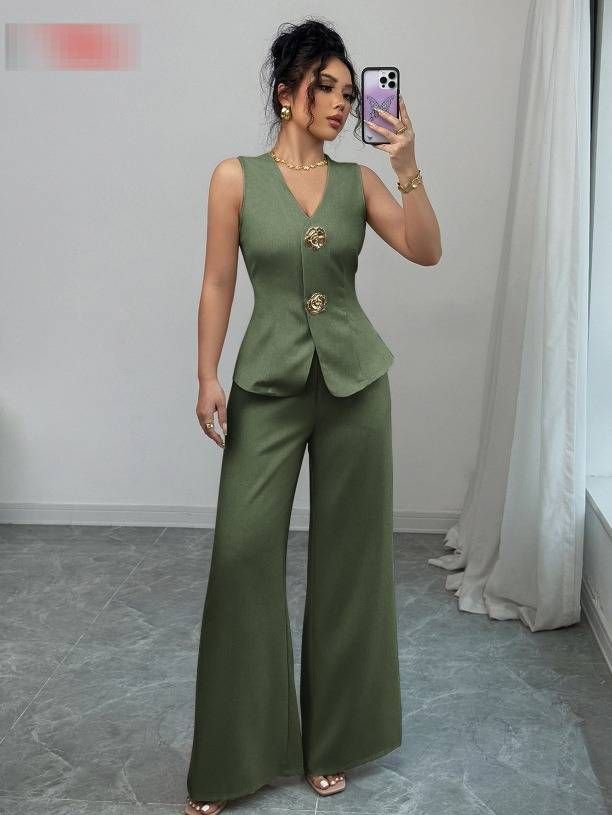 Women's Clothing Elegant Vest Straight Pants Set Office Casual Outfit Wrinkle-Free Polyester Classic Colors (Brick Red, Navy, White, Etc.) - S/M/L/XL_ecoleips.com