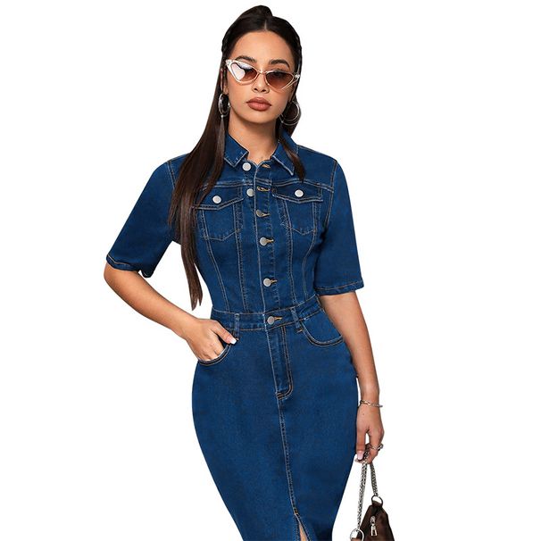 plus Size Women's Denim Collared Short Sleeve Dress Mid-Length Slit Spring/Summer Fashion Direct from the Factory_ecoleips.com