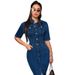 plus Size Women's Denim Collared Short Sleeve Dress Mid-Length Slit Spring/Summer Fashion Direct from the Factory_ecoleips.com