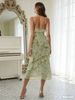 Holiday Style Women's Dress, Slim And Thin, Light Green Floral Color, Backless Split Suspender, Dating Holiday Banquet Wear_ecoleips.com