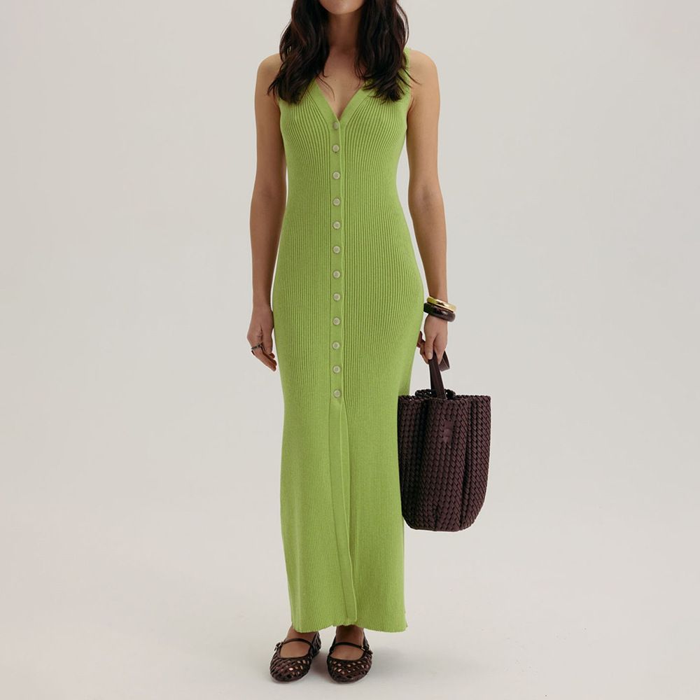 Elegant V-Neck Sleeveless Knit Dress - Breathable Viscose High Waist Bodycon Summer Dress For Women In Solid Colors (Pink/Green/Brown/Yellow)_ecoleips.com