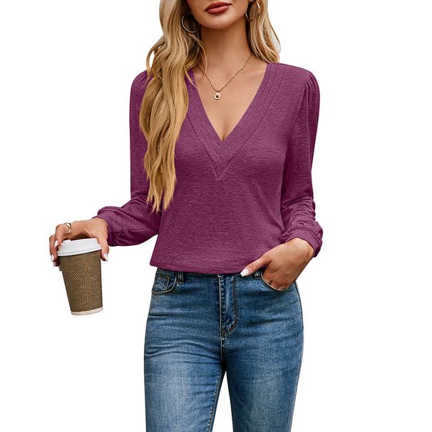 Women's Clothing Multi Layered V Neck Solid Color T Shirt_ecoleips.com
