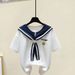 Women's Clothing New Niche Shawl Contrast Color Short Sleeved T Shirt Female Retro Elastic Waist Jeans_ecoleips.com
