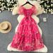 Women's Clothing Tea Break Retro Gentle Style Floral Chiffon Dress Female Waist Temperament One Shoulder Puff Sleeve Mesh Skirt_ecoleips.com