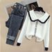 Women's Clothing New Fashion Loose Letter Hooded Knitted Jacket Jeans Two Piece Suit_ecoleips.com