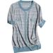 Women's Ice Silk Knitted Top Short Sleeve T-Shirt Summer Thin Round Neck Fashionable And Elegant Loose Striped_ecoleips.com