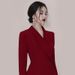 2024 Autumn/Winter European And American Toast Burgundy Casual Pleated Blazer, Women's Mid-Length Dr, Small Formal_ecoleips.com