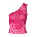 Women Hot Pink Rose Print One Shoulder Crop Top Rhinestone Ruched Mesh Slim Y2K Party Camisole_ecoleips.com