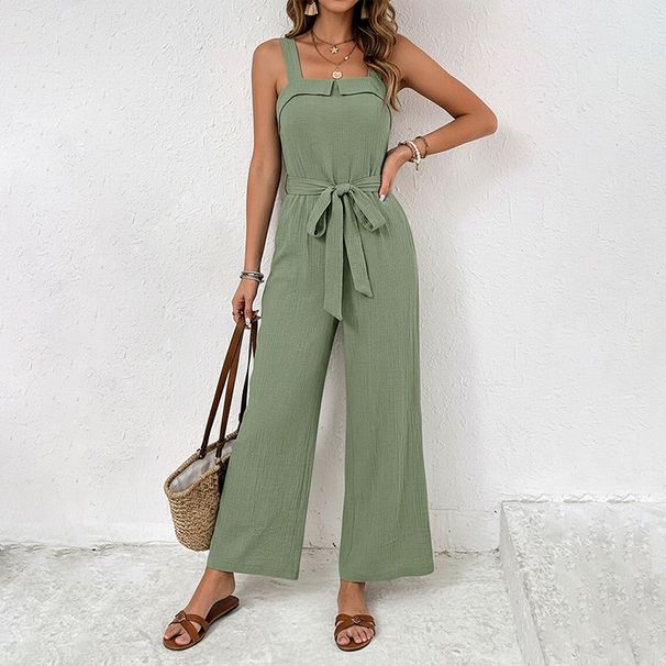Summer Tie Waist Sleeveless Long Straight Suspender Jumpsuit For Women_ecoleips.com