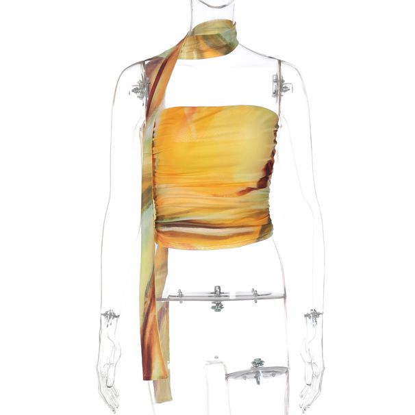 European And American Hot-Selling Women's 2025 Spring Summer New Fashion Printed Slim-Fit Tube Spicy Girl Ruched Top_ecoleips.com