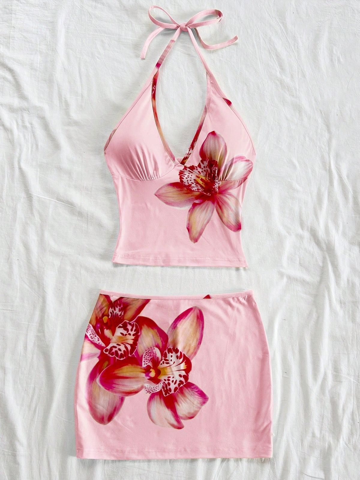 Floral Summer Vacation Style Women's Tie-Front Halter Dress And Bodycon Skirt Set Sexy Versatile Two-Piece Outfit_ecoleips.com