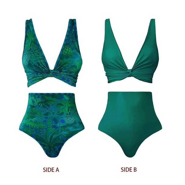 Women's High Waist Bikini Set - Green Double-Sided Printed Swimwear With Adjustable Ties_ecoleips.com