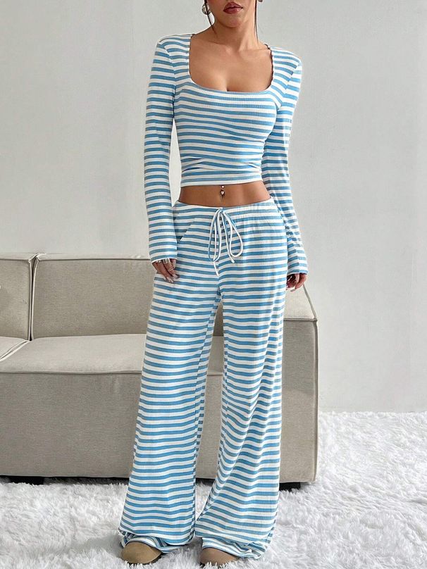 Women's Clothing Striped Loungewear Pajamas Long Sleeved Comfortable Pant Set For Spring Autumn Summer_ecoleips.com