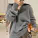 Oversized V-Neck Sweater - Grey Slouchy Pullover With Textured Detail, Versatile Layering Piece For Women_ecoleips.com