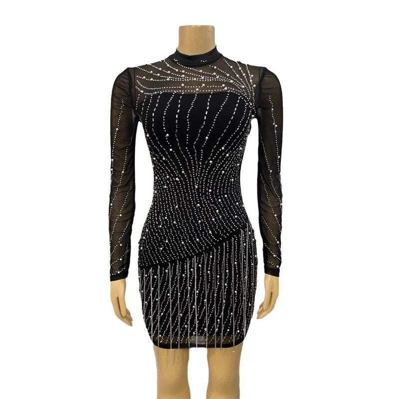 Women's Clothing Sexy Mesh Hot Diamond Sling Hip Skirt Banquet Dress Tassel Dress_ecoleips.com