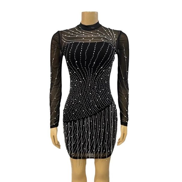 Women's Clothing Sexy Mesh Hot Diamond Sling Hip Skirt Banquet Dress Tassel Dress_ecoleips.com