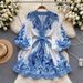 Women's Clothing Elegant Women's Autumn Dress European American Style Lantern Sleeve Waist Cinching Slimming Printed Short Skirt Mature Sophisticated_ecoleips.com