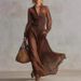 Retro Brown Cotton Maxi Dress With Button V Neck Long Sleeve Organza Stitched For Women European And American Style Independent Website_ecoleips.com