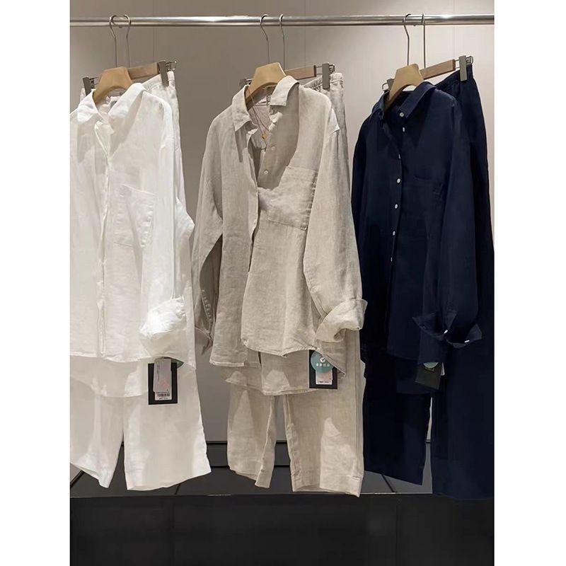 Elegant Women's Linen Blend Relaxed Fit Long Sleeve Shirt & Wide Leg Pants Set – Breathable Spring Summer Casual Outfit_ecoleips.com