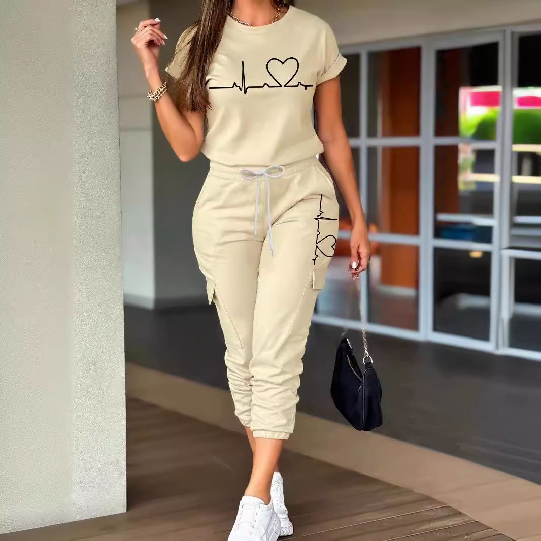 Women's Summer Suit Set Solid Color Printed Short Sleeve Top And Cargo Jogger Pants_ecoleips.com