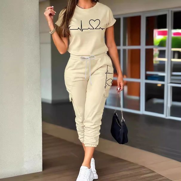Women's Summer Suit Set Solid Color Printed Short Sleeve Top And Cargo Jogger Pants_ecoleips.com