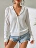 White Hollow Rib Knit Zip Hooded Cardigan, Loose Lightweight Breathable Soft Skin-touch Long Sleeve Cover Up_ecoleips.com