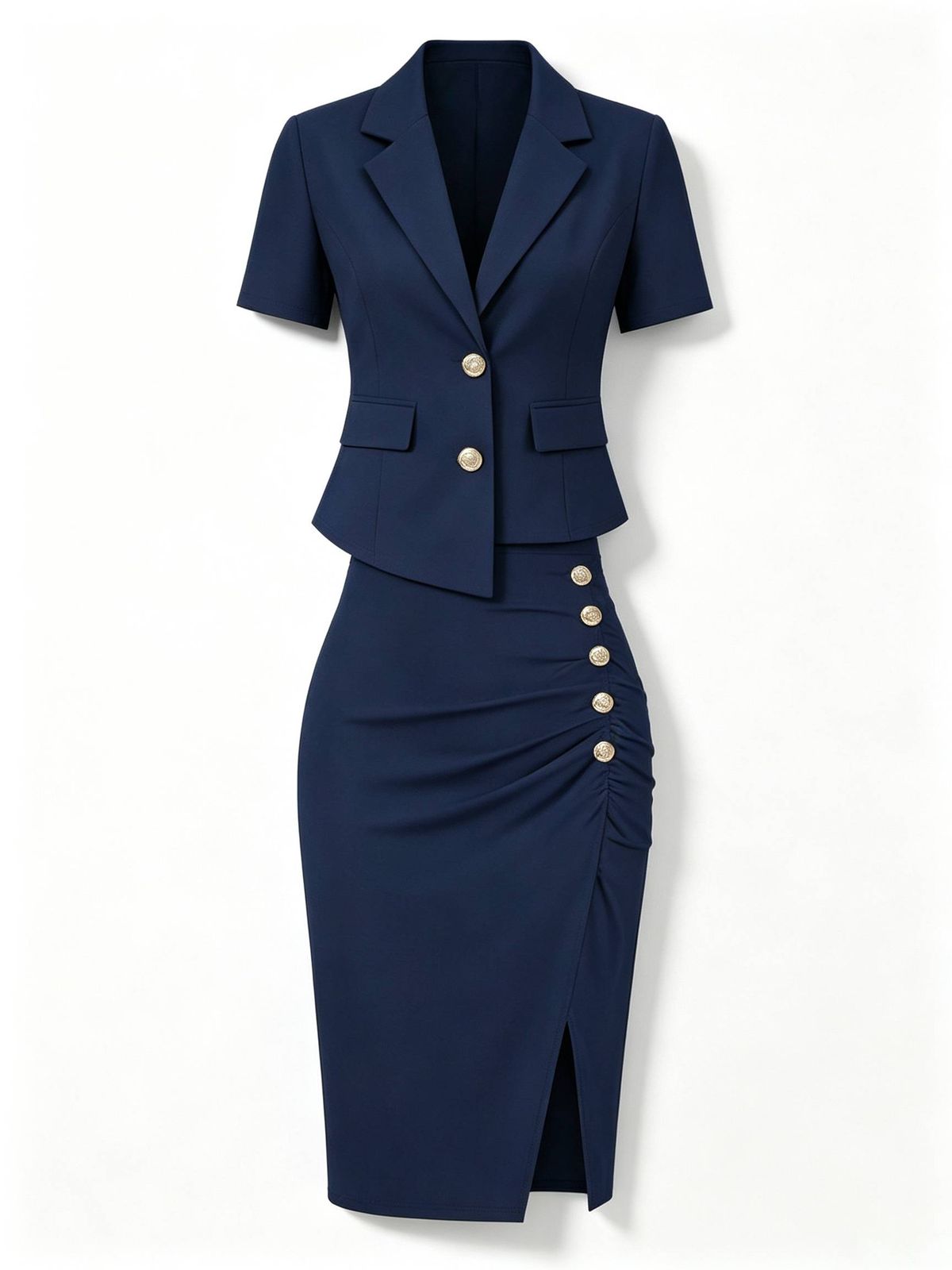 Sophisticated Office-To-Evening Blazer And Slit Skirt Set, 3/4 Sleeve Womens Suit For Spring Summer Commute_ecoleips.com