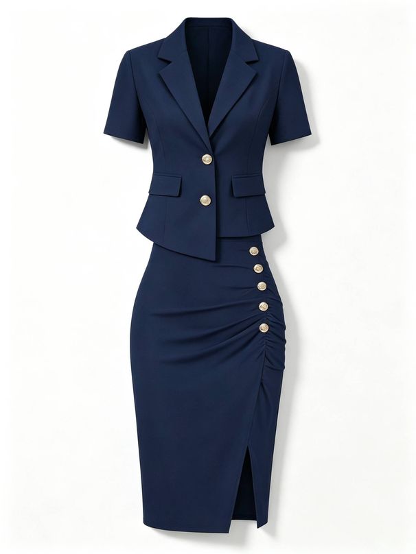 Sophisticated Office-To-Evening Blazer And Slit Skirt Set, 3/4 Sleeve Womens Suit For Spring Summer Commute_ecoleips.com