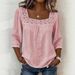 2026 New Summer Solid Color Casual Square Neck Lace Trim Three-Quarter Cotton-Linen Short Sleeve Top For Women On_ecoleips.com