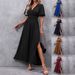 Women's Elegant High-Slit Maxi Dress with Flutter Sleeves And Smocked Back Stretchy Rayon Blend Black Caramel Navy S 2XL_ecoleips.com
