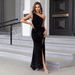 Women's fashion and sexy one-shoulder slit thigh sequined dress_ecoleips.com