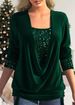 new solid color sequin stitching U neck long sleeved elegant casual T shirt_ecoleips.com