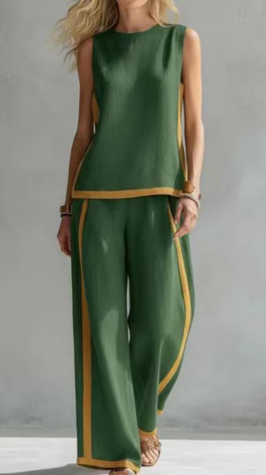 Women's Spring Summer Sleeveless Color Block Vest And Wide Leg Pants Two-Piece Set Fashionable Commute Clothing_ecoleips.com