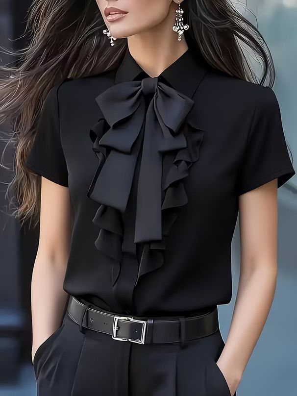 Women's Solid Color Lace-Up Bow Ruffle Short Sleeve Shirt Regular Fit Elegant Fashion Blouse for Spring/Summer_ecoleips.com