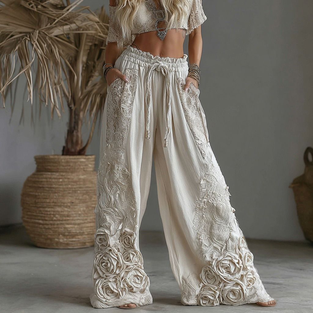 Elegant 3D Floral Print Straight Leg Women's Trousers Casual England Style Polyester Summer Pants Regular Fit_ecoleips.com