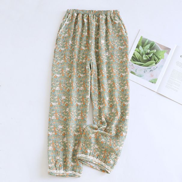 Woman Cotton Double Cloth Baby Soft Lounge Pants Lace Trim Loose Cropped Pajama Pants Breathable Spring Summer Home Wear_ecoleips.com