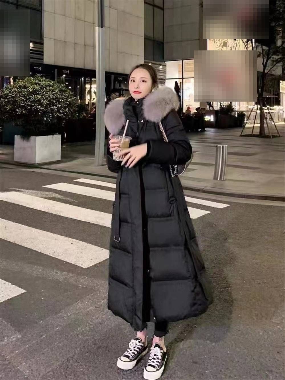 women's clothing women's long down coat with detachable fur hood, slim fit, w winter jacket, black gold with light/dark grey fur trim_ecoleips.com