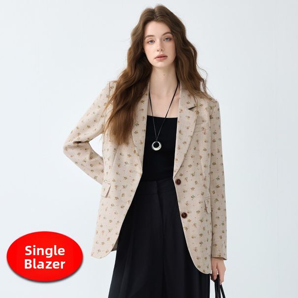 Women's Grey Floral Print Suit Jacket Petite Size High-End Korean Style Spring Autumn Blazer_ecoleips.com