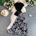 Lady Chic Notch Lapel Slim-Fit Round Neck Top And High-Waist Floral Print Midi Dress 2-Piece Set Elegant Floral Print_ecoleips.com