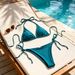 Teal Ribbed Triangle String Bikini Set Women Halter Tie Side Thong Bikini 2 Piece Swimsuit Summer Beach Bathing Suit_ecoleips.com