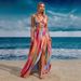 Tropical Print Slit Maxi Dress – High-Low Hem & Adjustable Side Ties (One Size Fits S-XL)_ecoleips.com