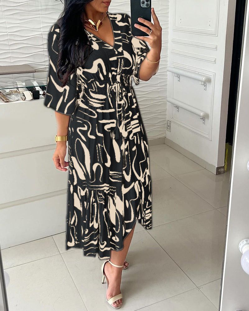 Women's Clothing Summer New Printed V Neck High Waist Lace Up Dress Flared Mid Sleeve Ruffled Slit Long Skirt_ecoleips.com